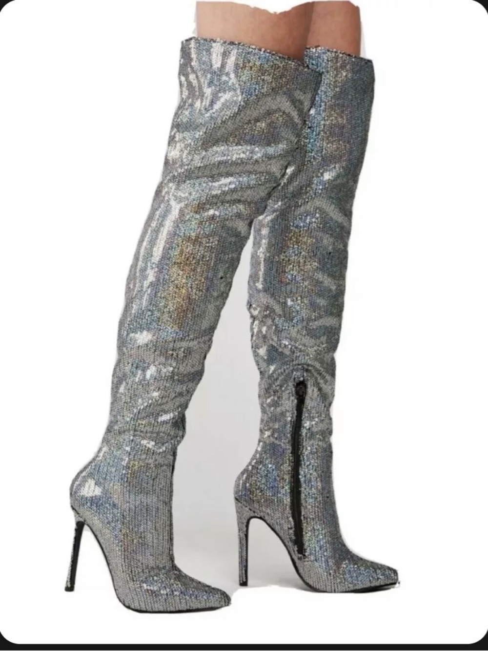 Metallic Silver Sequin Over-the-Knee Women's Boots